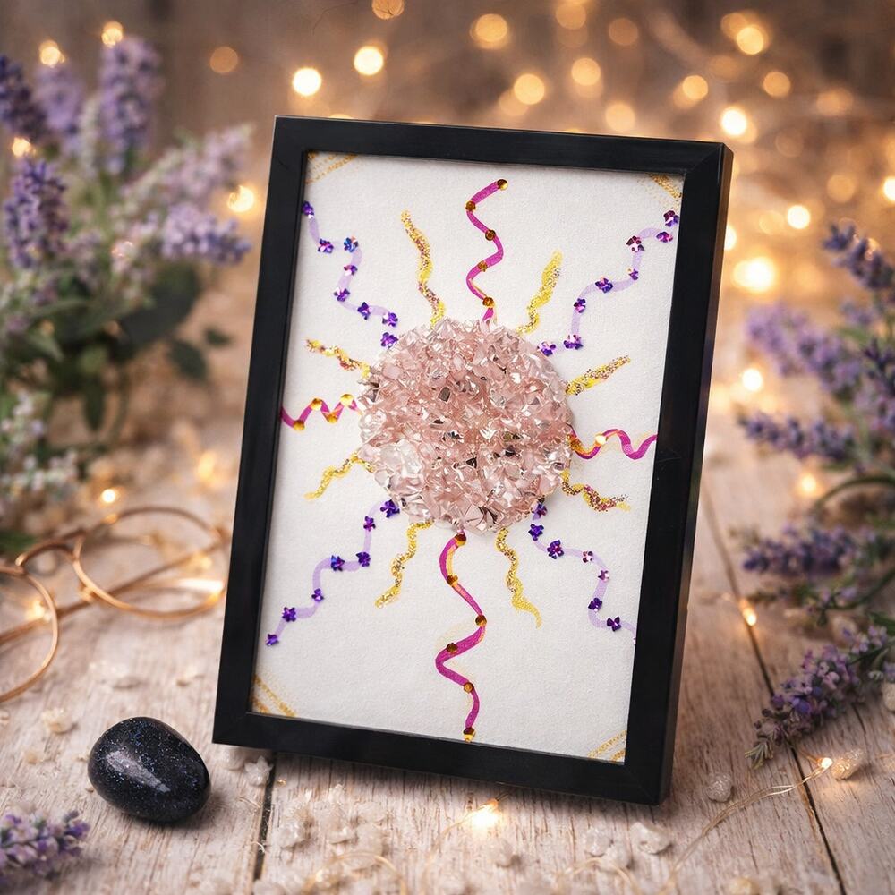 Handmade Pink Crystal Sunburst Wall Art Texture Assemblage Mixed Media Decor 6x4